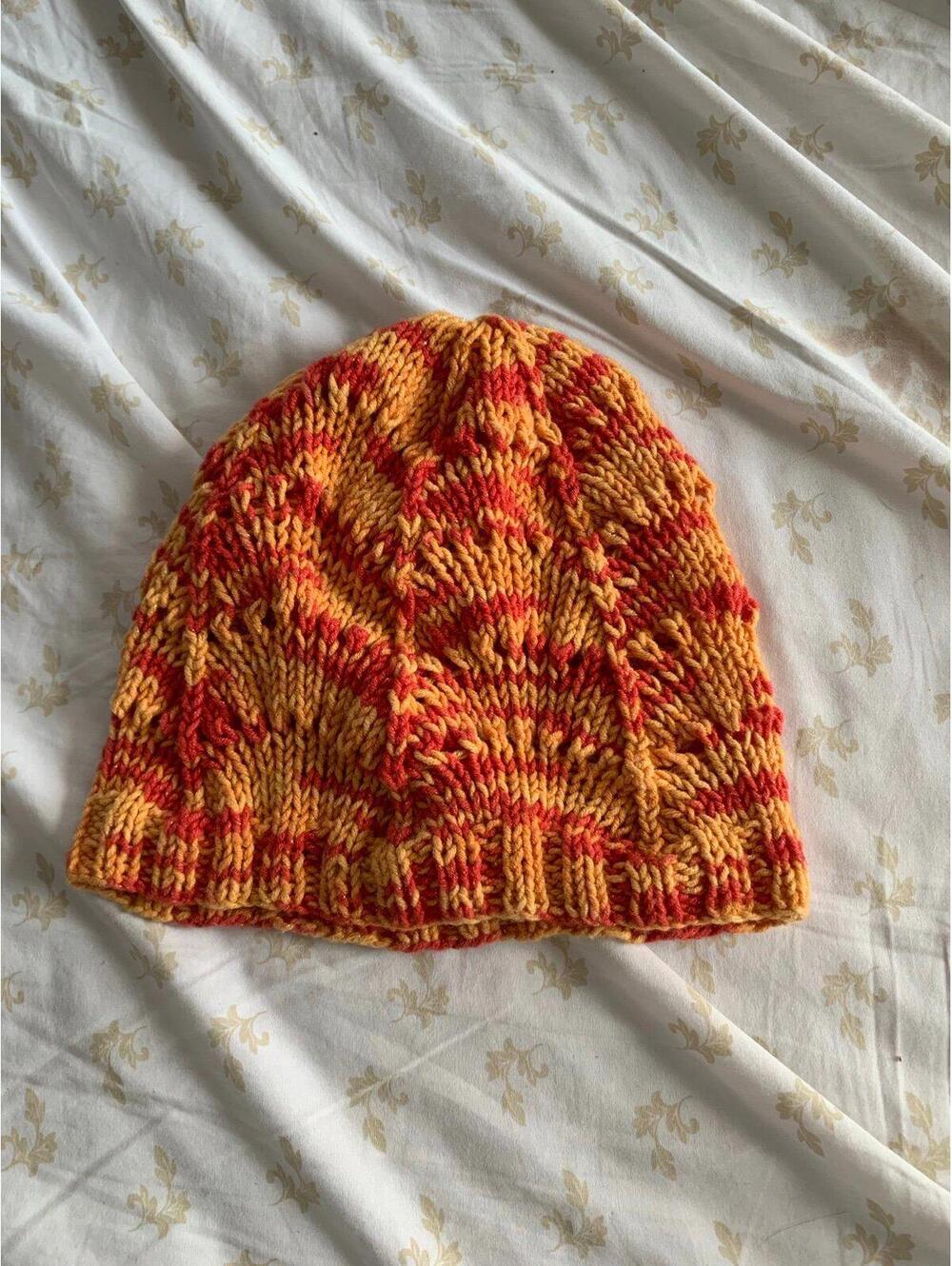 Handmade Knit Beanie – Orange & Red Variegated Yarn Beanie​